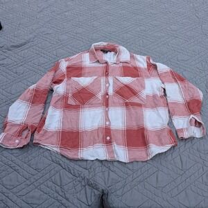 Forever 21 Plaid Flannel Shirt Women's Large Pink White Button Up Shacket
